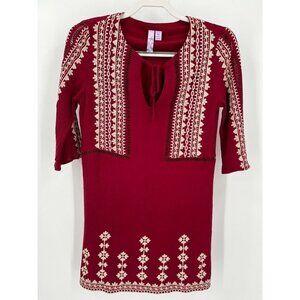 Alya Ladie's Red Embroidered Boho Mini Dress Half Sleeve Lined Size XS